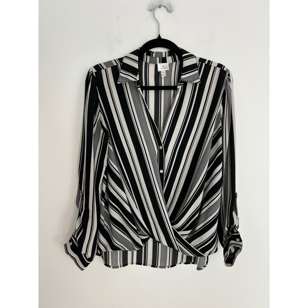 Dressbarn Womens Black White Striped Wrap Front Long Sleeve Blouse Size M